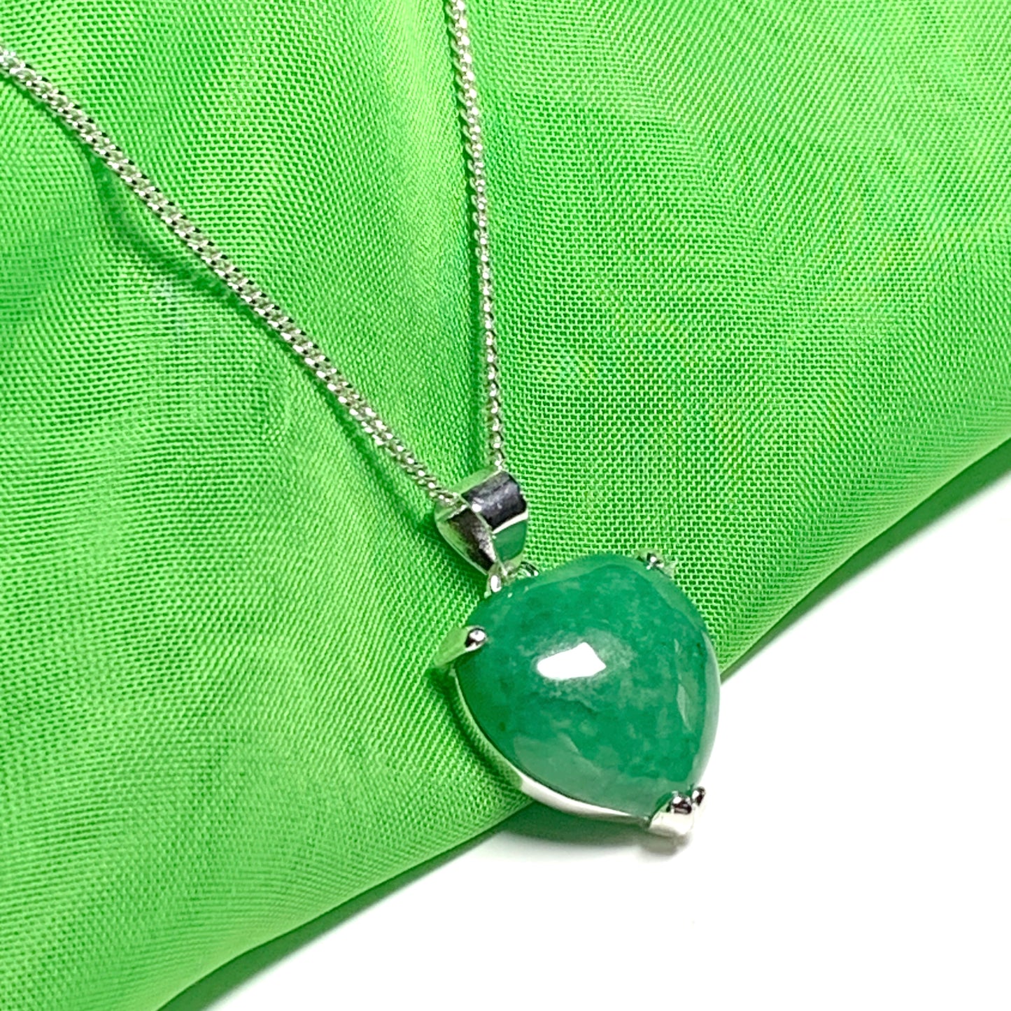 Silver Green Jade Necklace Heart Shaped