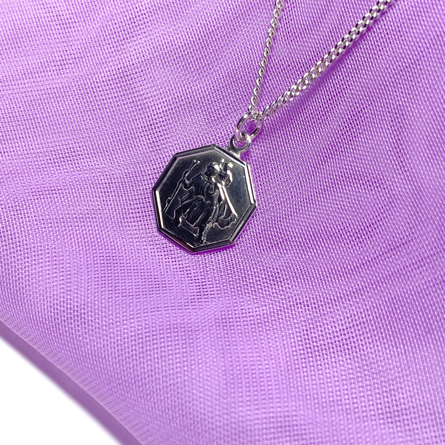 Sterling Silver Octagonal St. Christopher Including Chain 14 mm