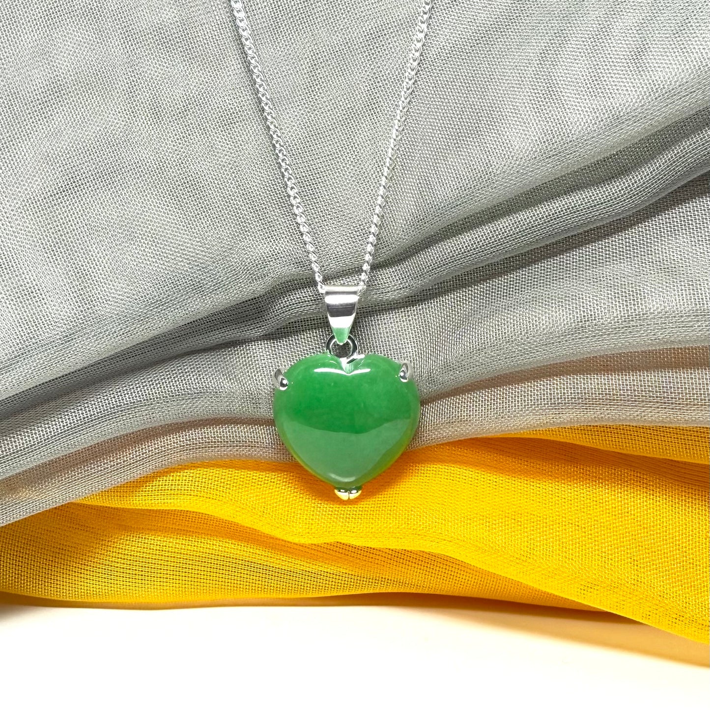 Silver Green Jade Necklace Heart Shaped