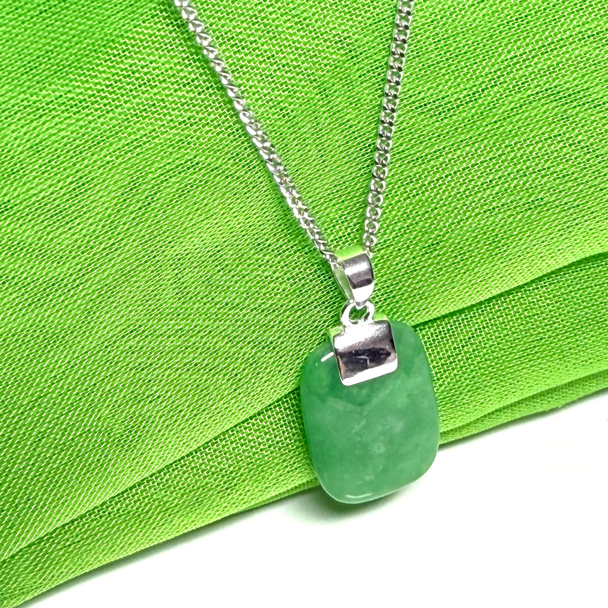 Sterling silver cushion shape real green jade necklace pendant with a chain