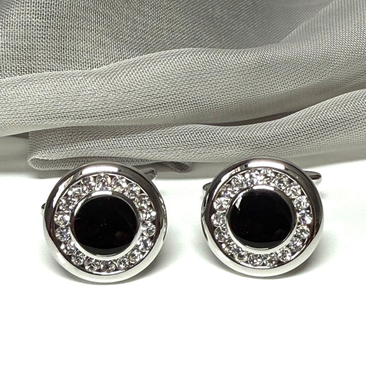 Silver plated crystals with black acrylic centre round cufflinks