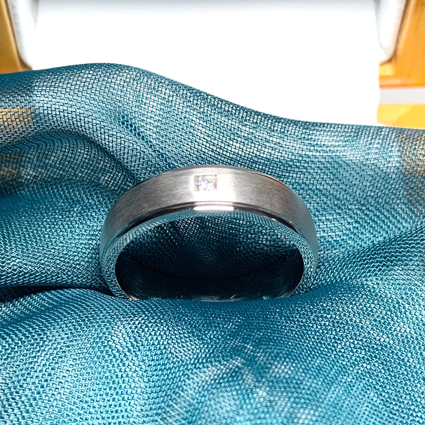 Silver men’s stone set satin finish wedding band ring