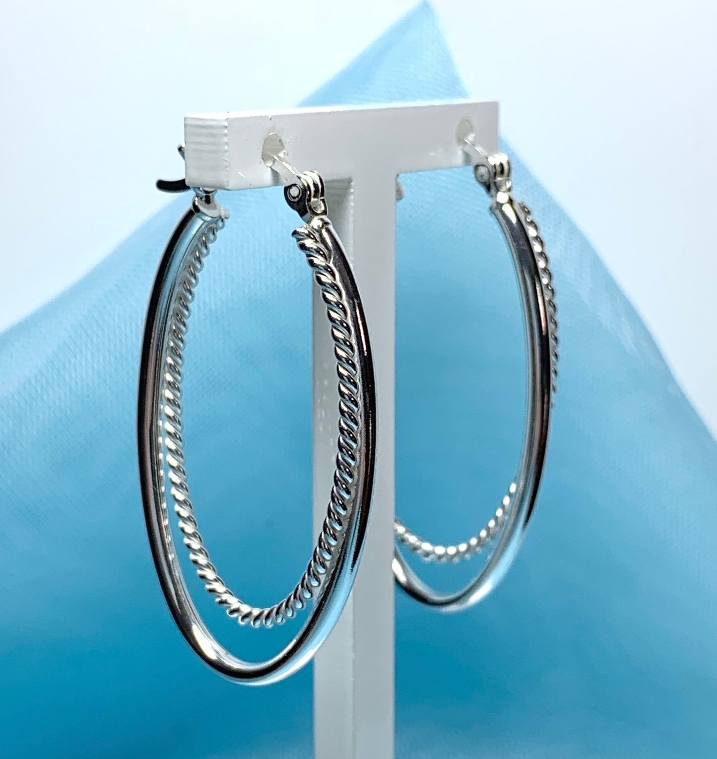 Sterling silver patterned double oval hoop creole earrings