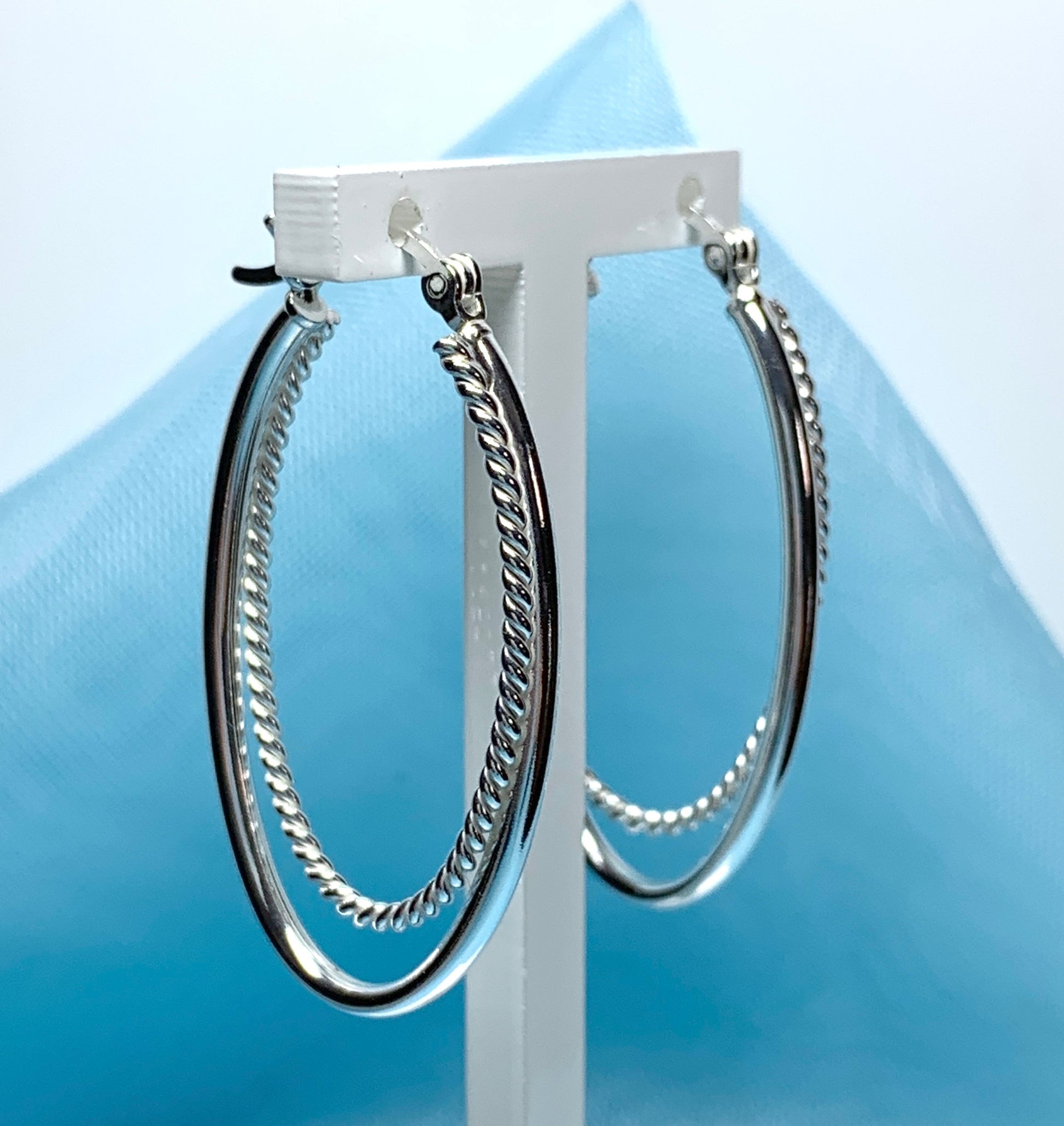 Sterling silver patterned double oval hoop creole earrings