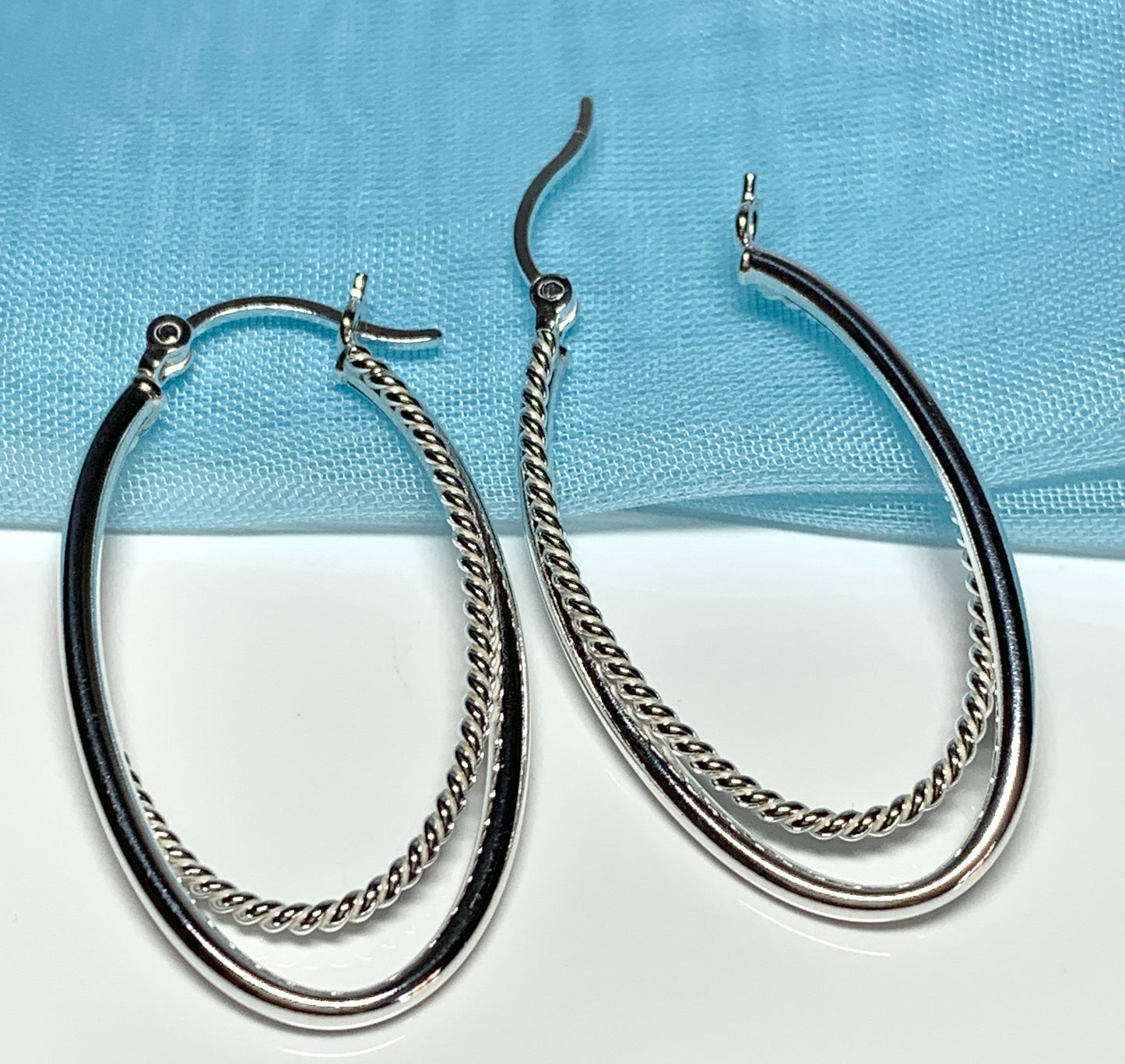 Sterling silver patterned double oval hoop creole earrings