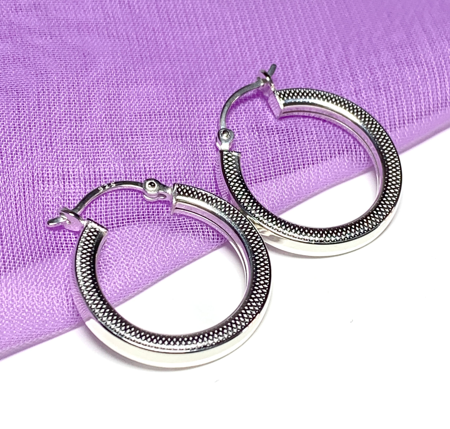 Sterlingsilverpatterned23mmroundhoopearrings