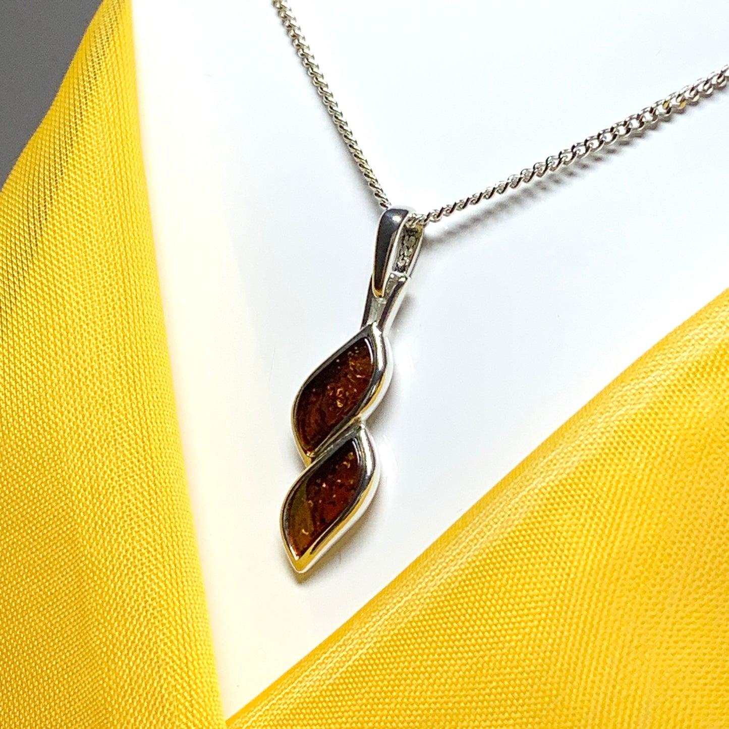 Sterling silver real amber double marquise shaped necklace