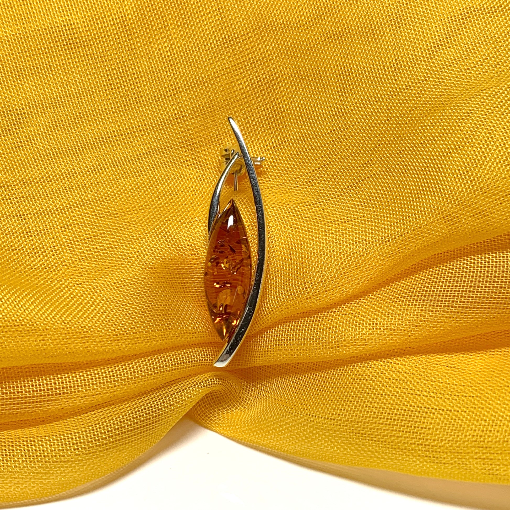 Sterling silver real amber marquise shaped bar brooch