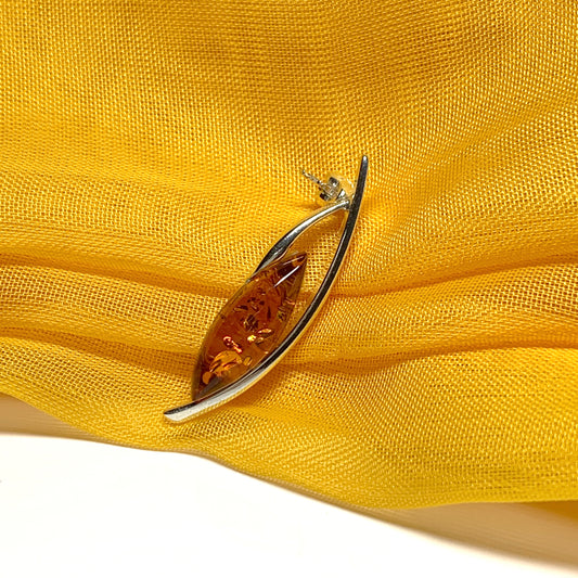 Sterling silver real amber marquise shaped bar brooch