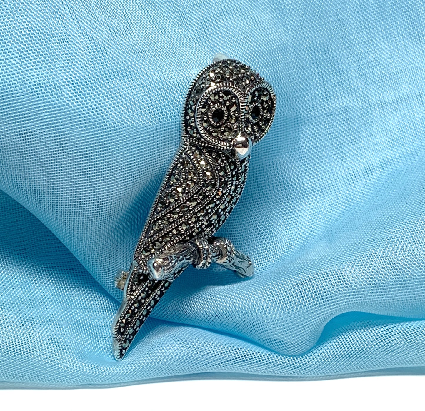 Sitting owl brooch marcasite sterling silver onyx eyes