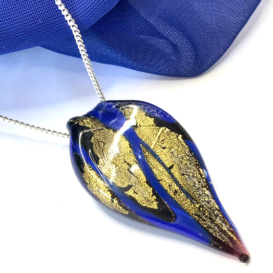 Small Blue And Gold Coloured Real Murano Glass Leaf Pendant