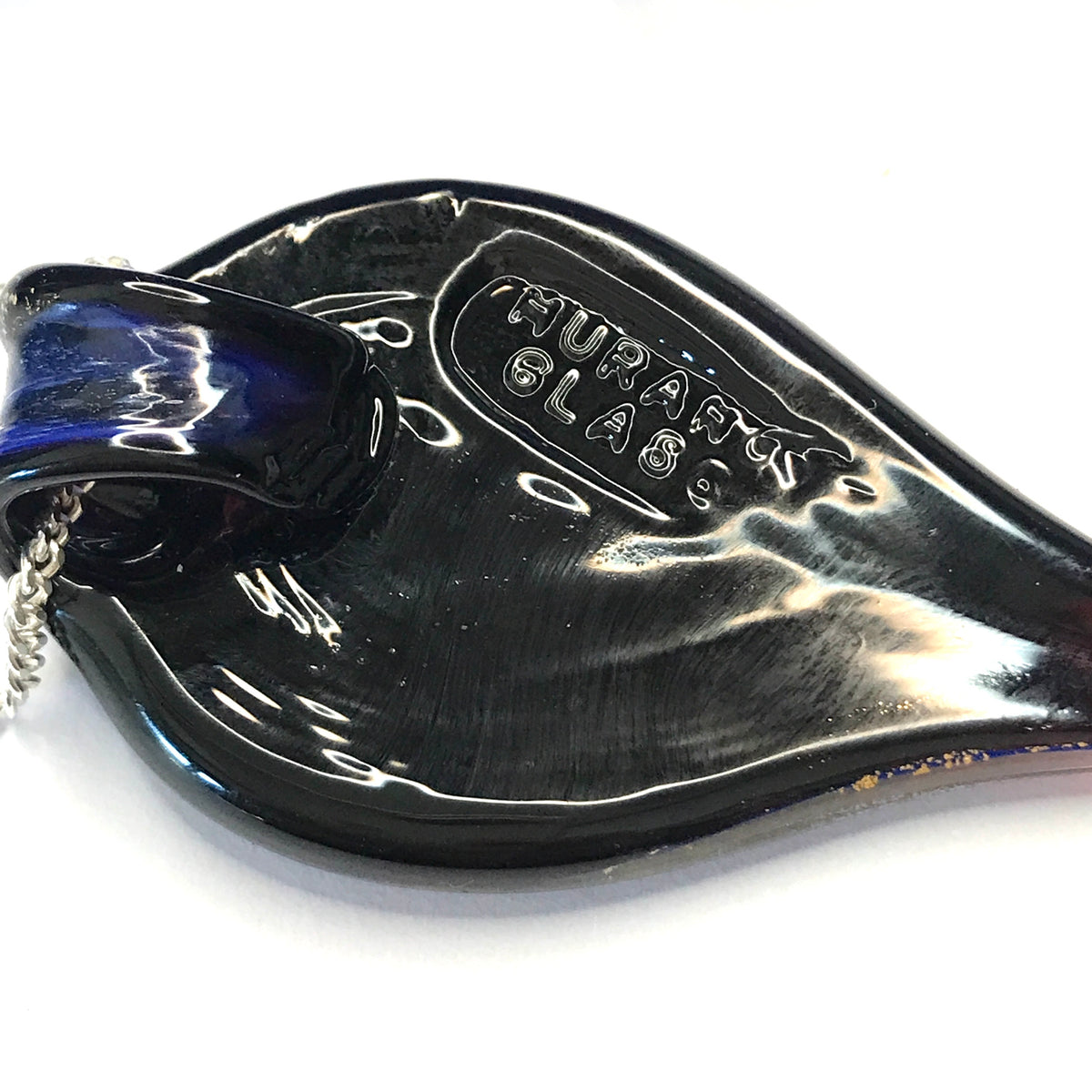 Small Blue And Gold Coloured Real Murano Glass Leaf Shape Pendant With the Genuine Murano Glass stamp on the back of it