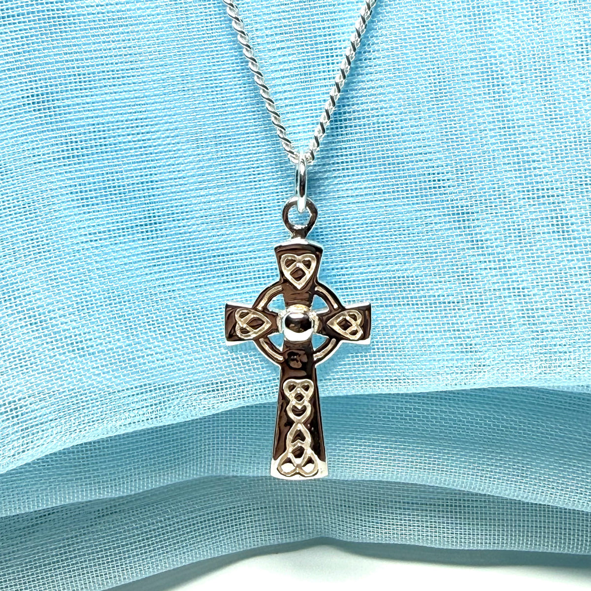 Small Patterned Sterling Silver Celtic Cross Including Chain
