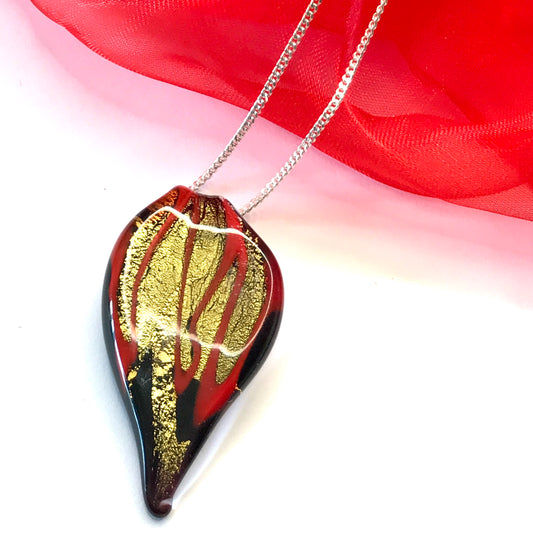 Small Red And Gold Coloured Real Murano Glass Leaf Pendant