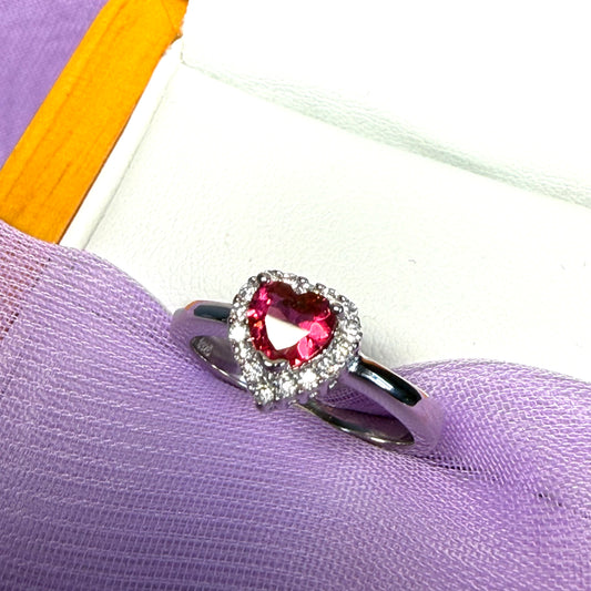 Small bright red and white cubic zirconia heart shaped cluster dress cocktail ring