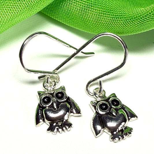 Small owl shaped drop earrings sterling silver