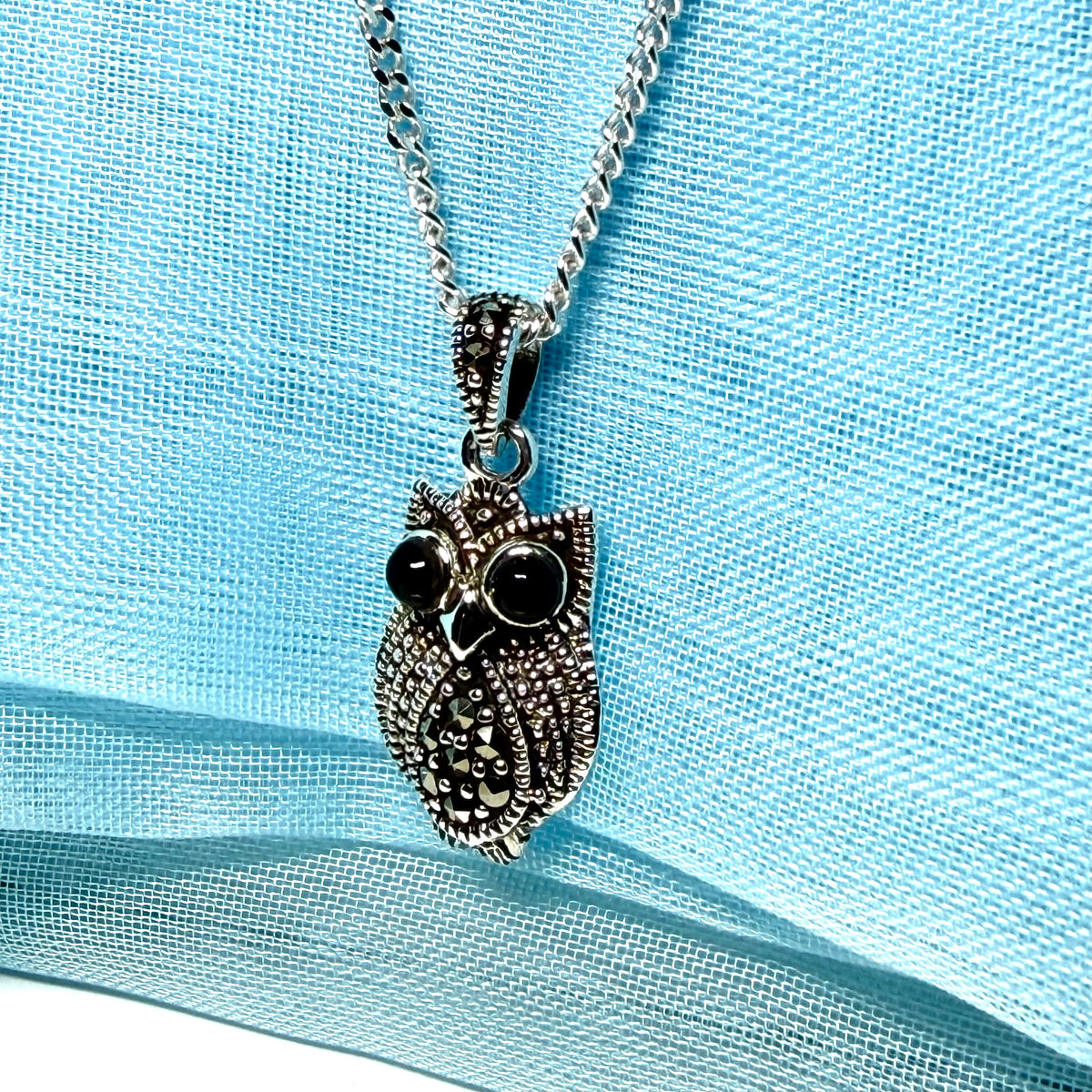 Small owl shaped necklace with real black agate and real marcasite sparking pendant with chain