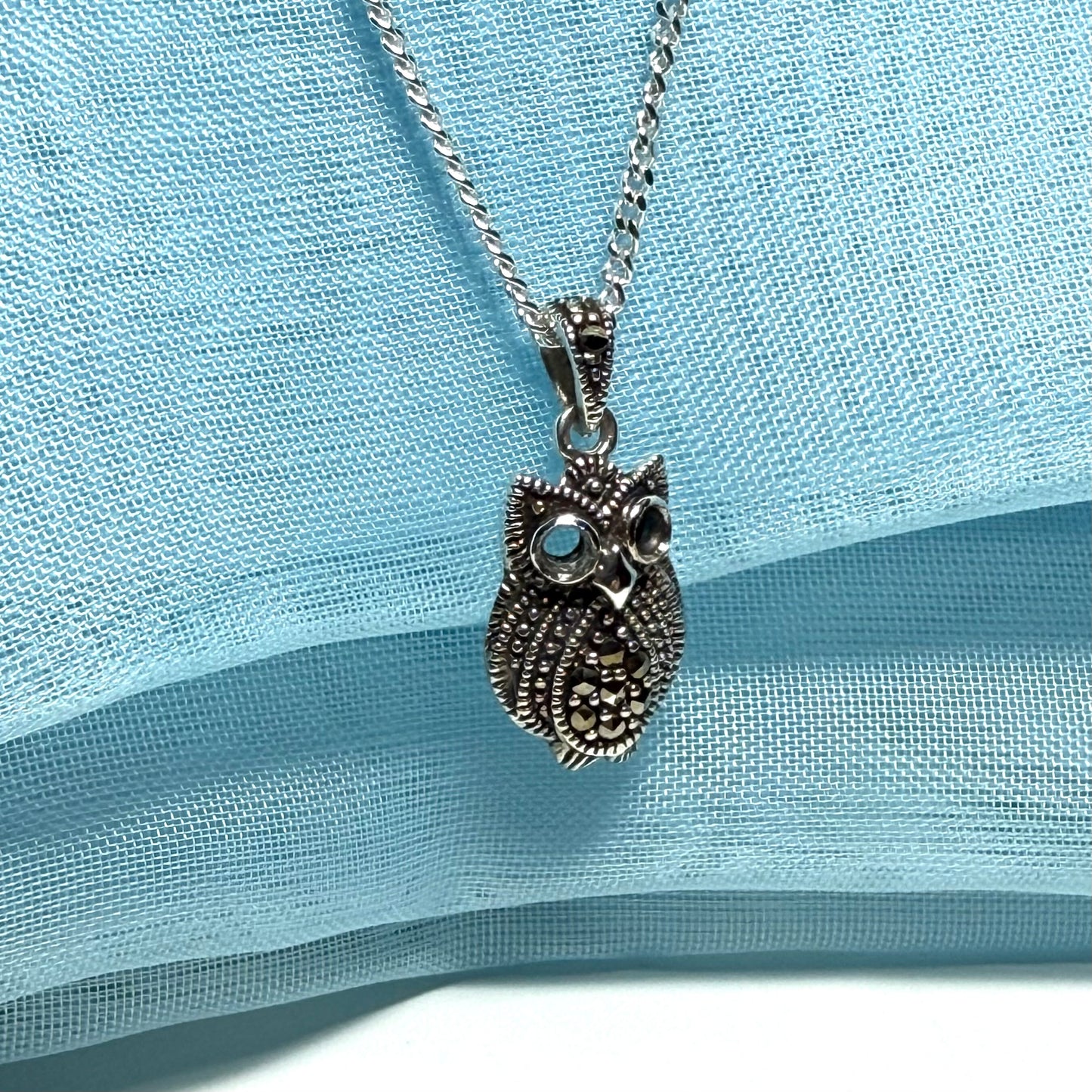 Small owl shaped necklace with real marcasite sparking pendant with a chain included