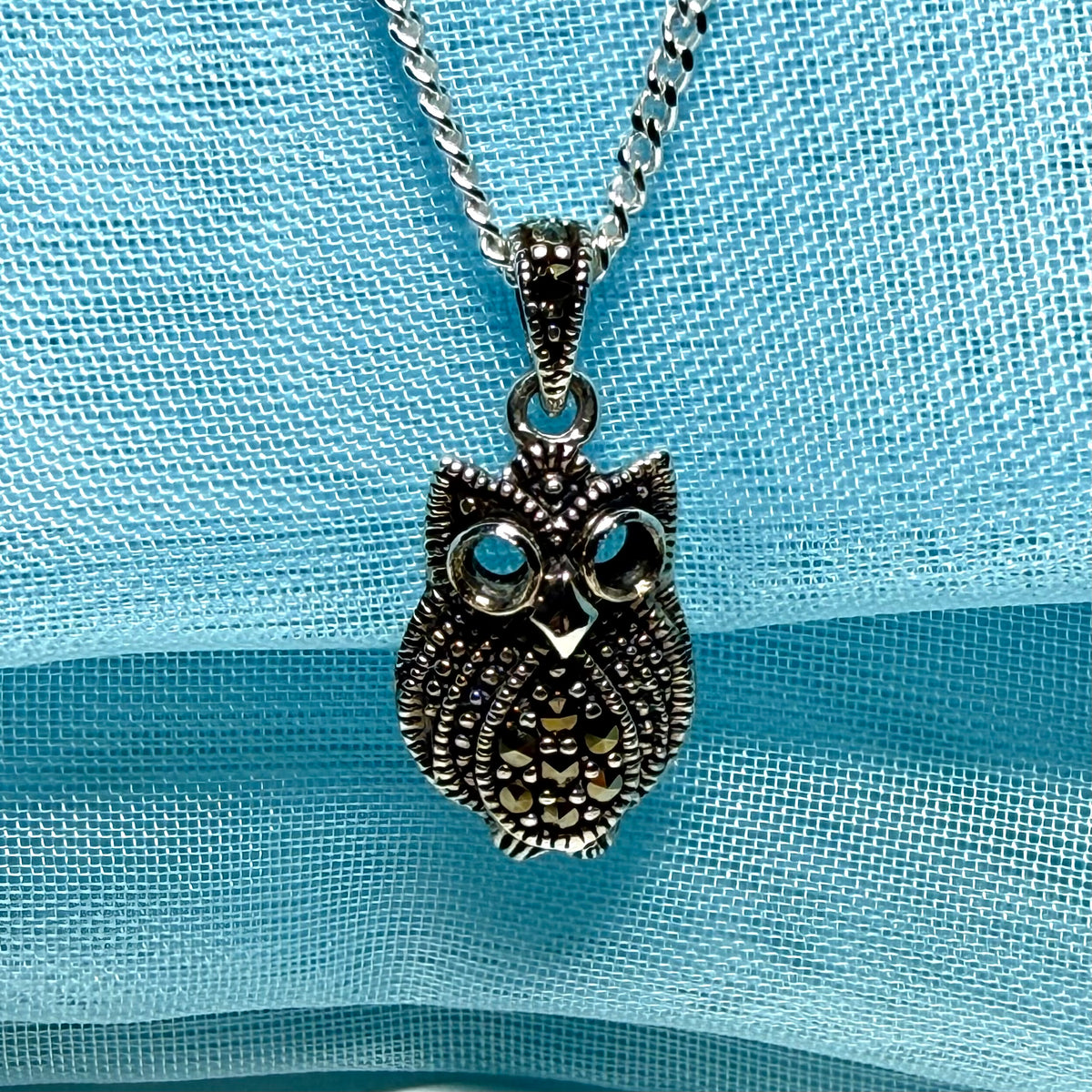 Small owl shaped necklace with real marcasite sparking pendant with a chain included