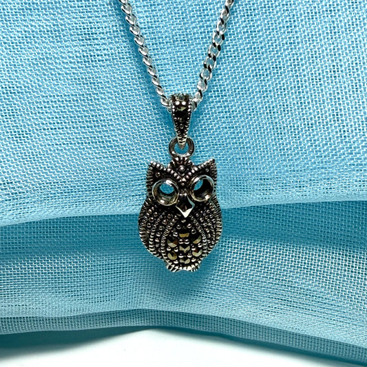 Small owl shaped necklace with real marcasite sparking pendant with a chain included