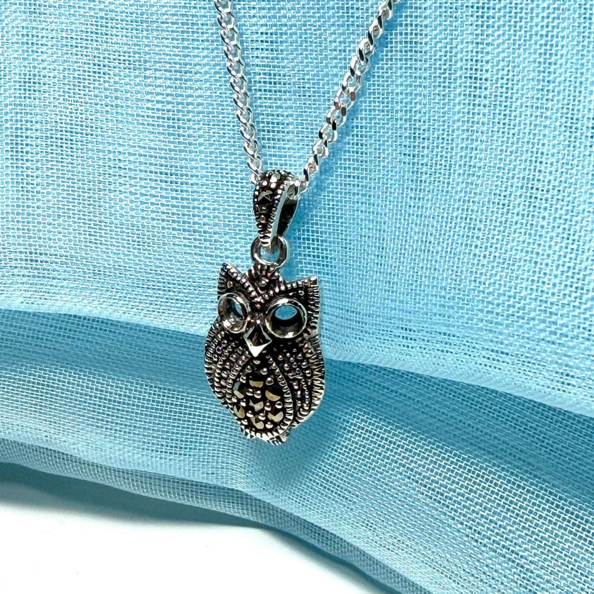 Small owl shaped necklace with real marcasite sparking pendant with a chain included