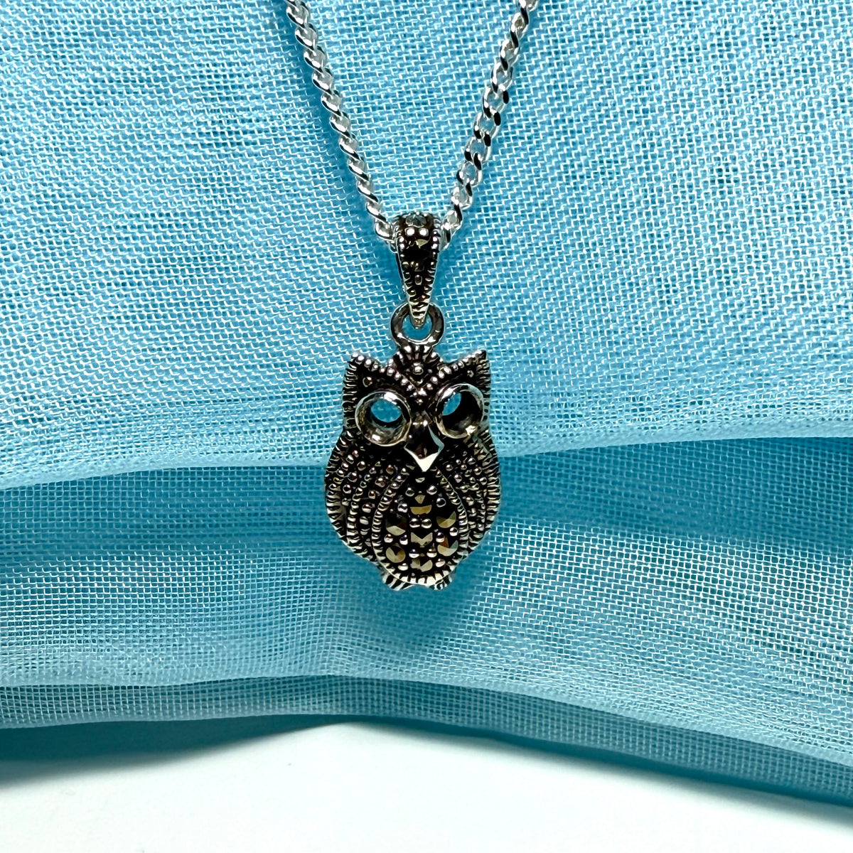 Small owl shaped necklace with real marcasite sparking pendant with a chain included