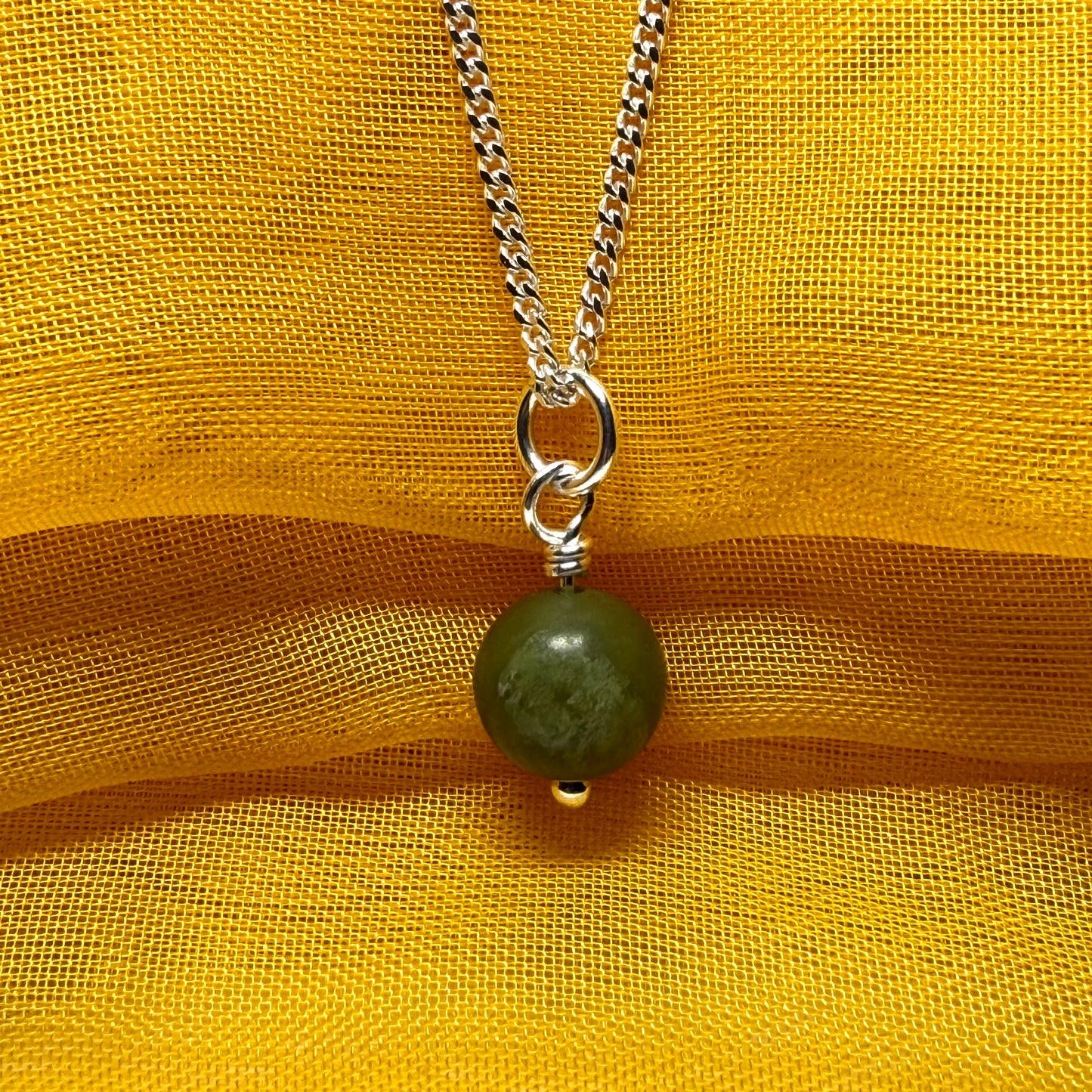 Small round real green gypsum necklace ball shape pendant with chain 8.5 mm diameter
