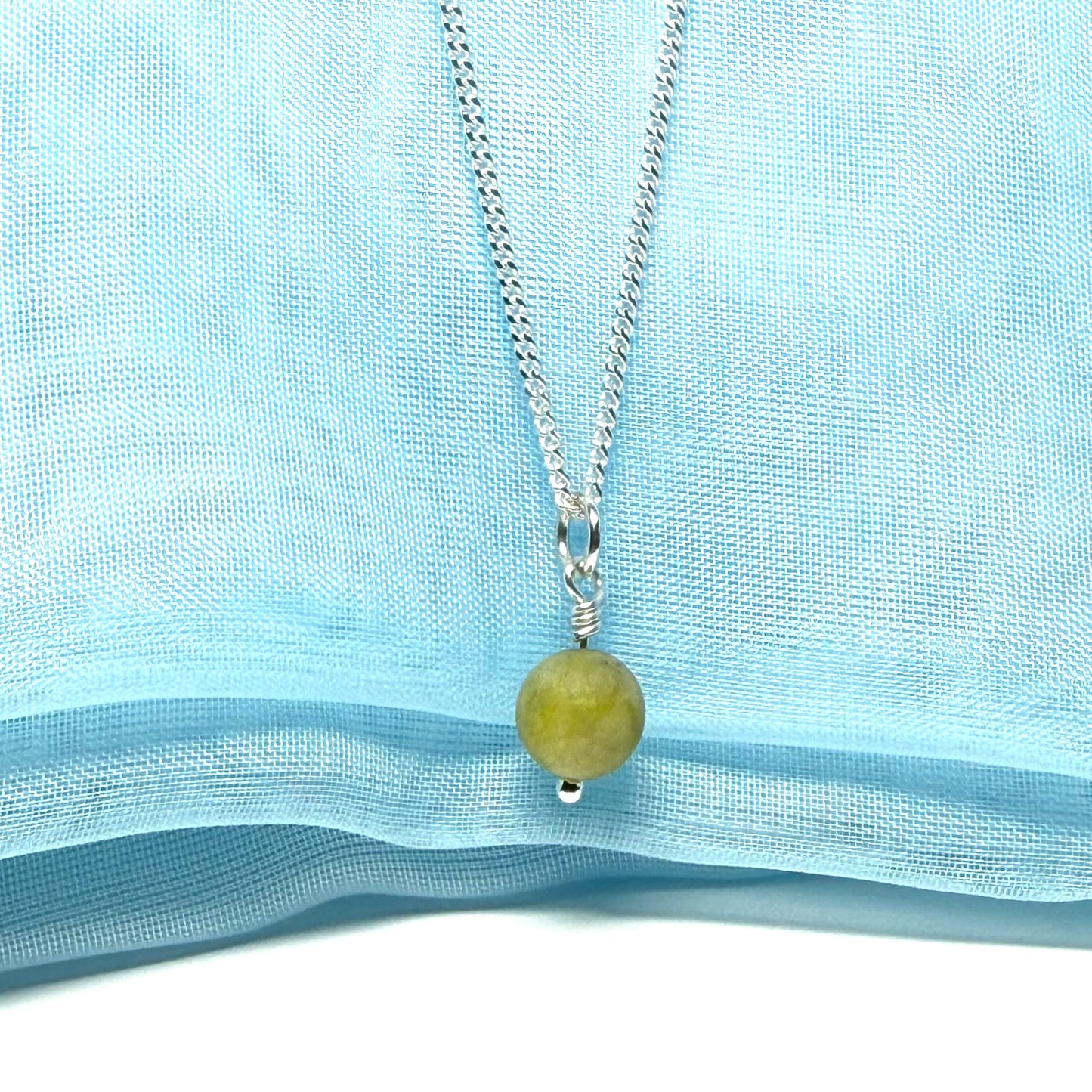 Small round real green gypsum necklace ball shaped pendant with chain 8.5 mm diameter