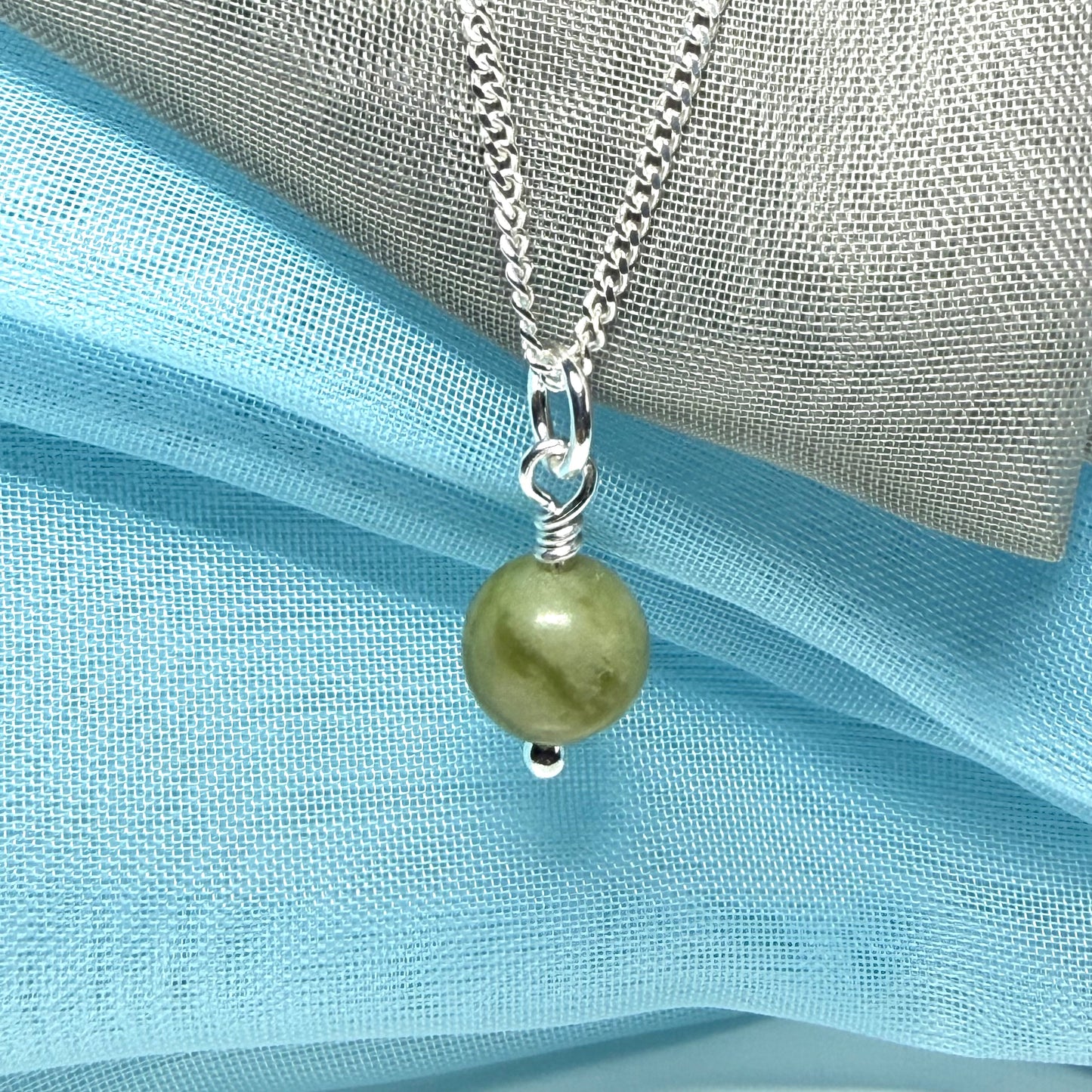Small round real green gypsum necklace ball shaped pendant with chain 8.5 mm diameter size