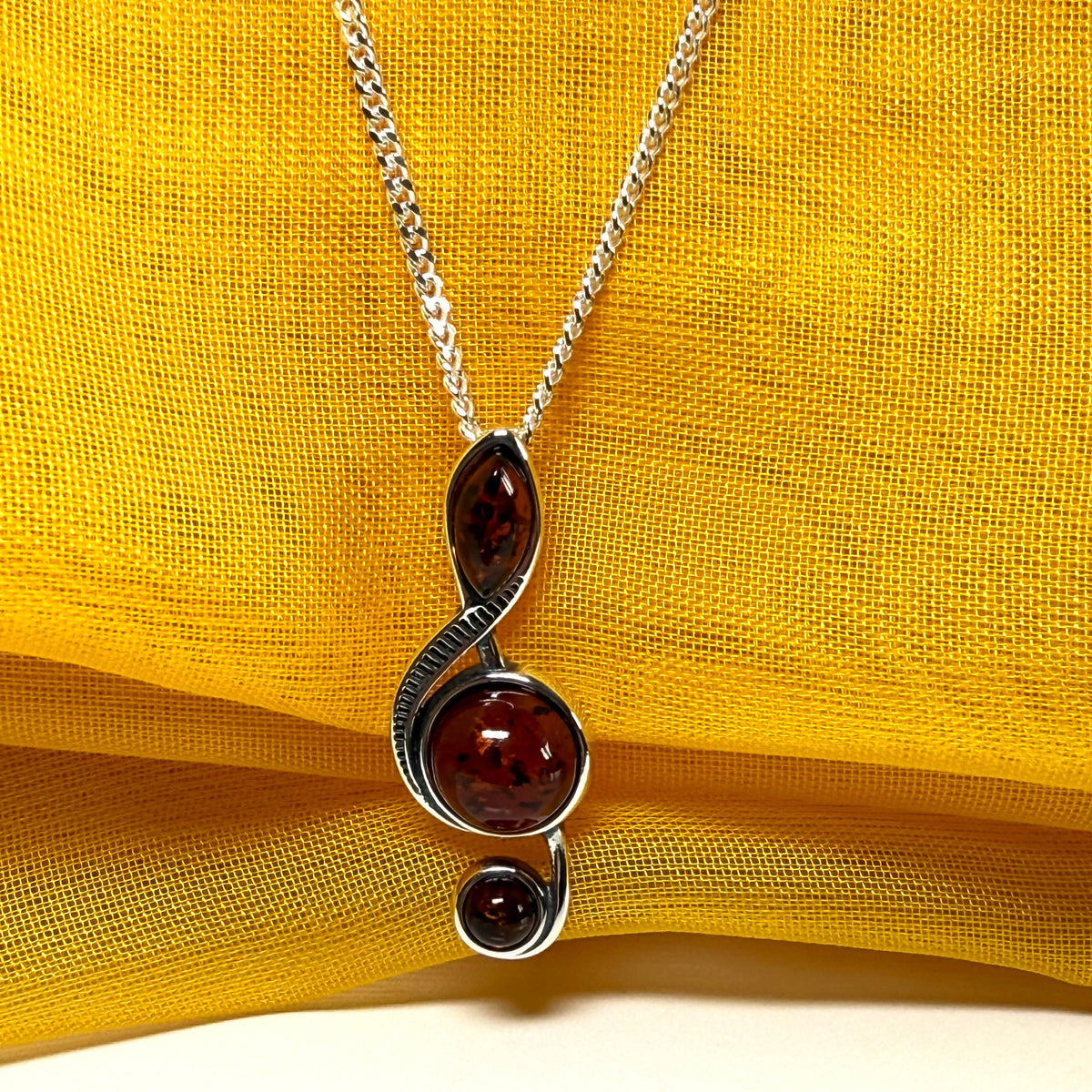 Small treble clef necklace musical orange real amber sterling silver pendant