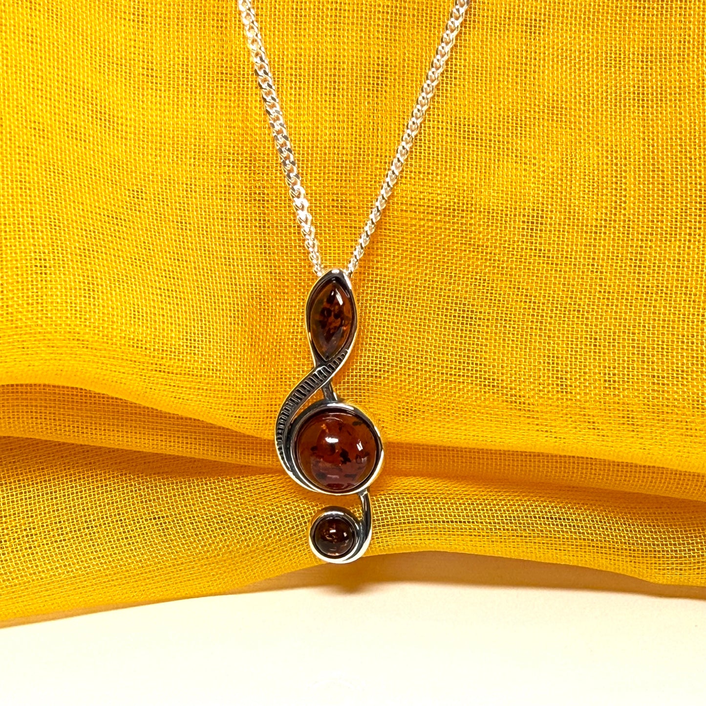 Small treble clef necklace musical orange real amber sterling silver pendant