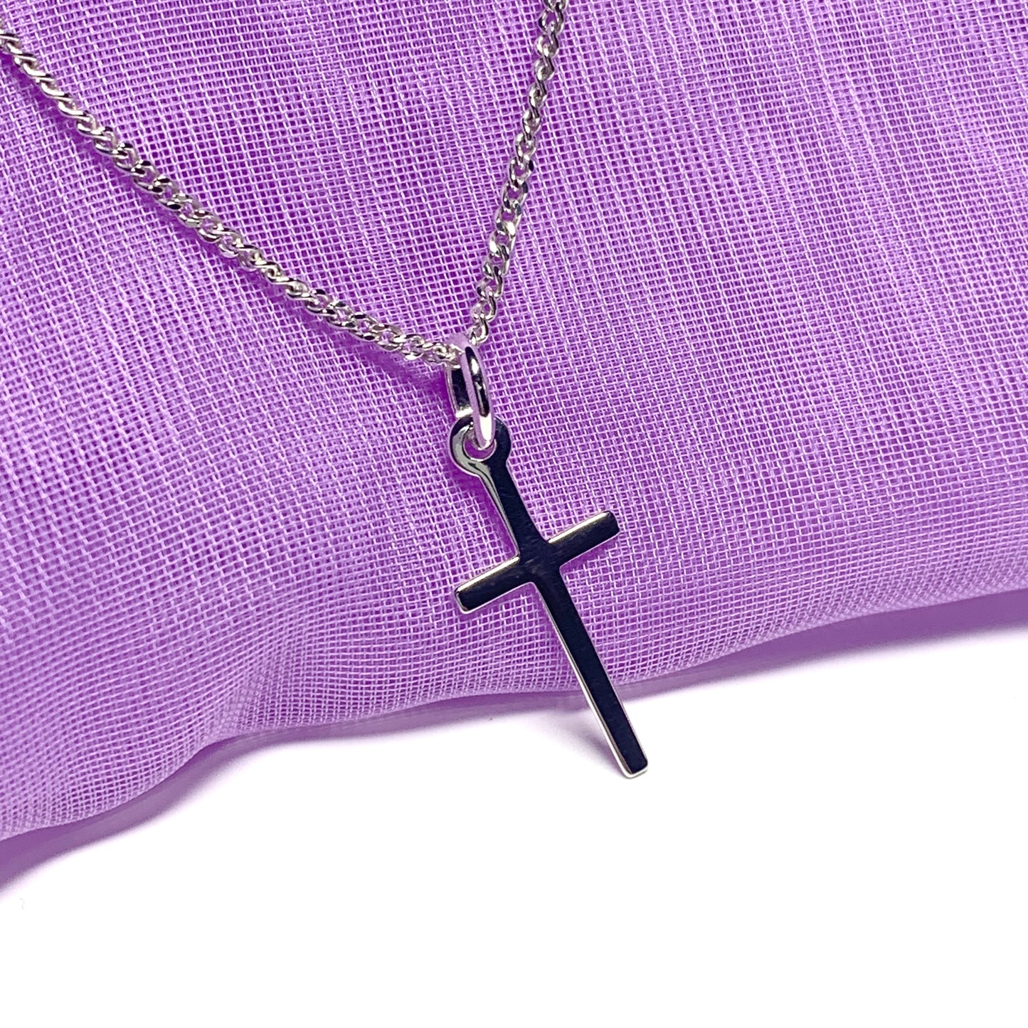 Small cross solid plain polished sterling silver including chain