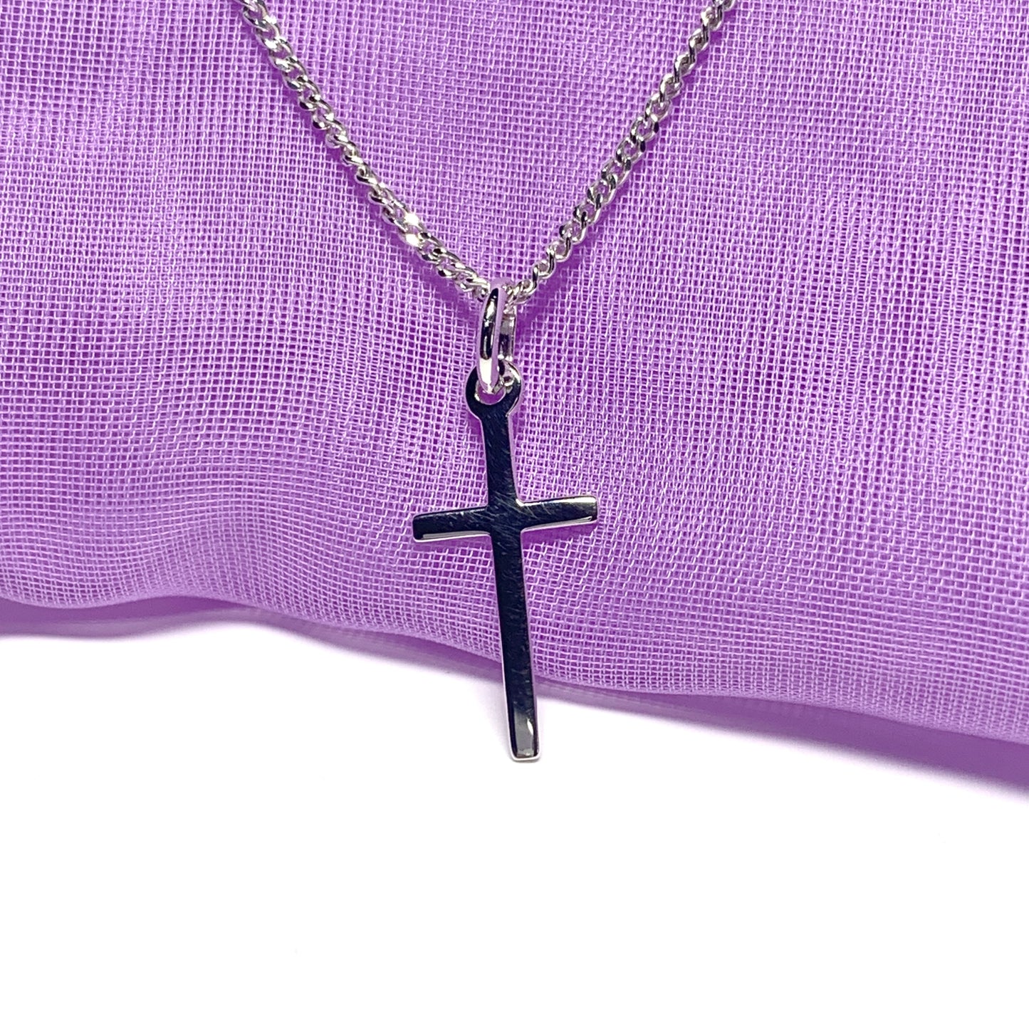 Small cross solid plain polished sterling silver including chain