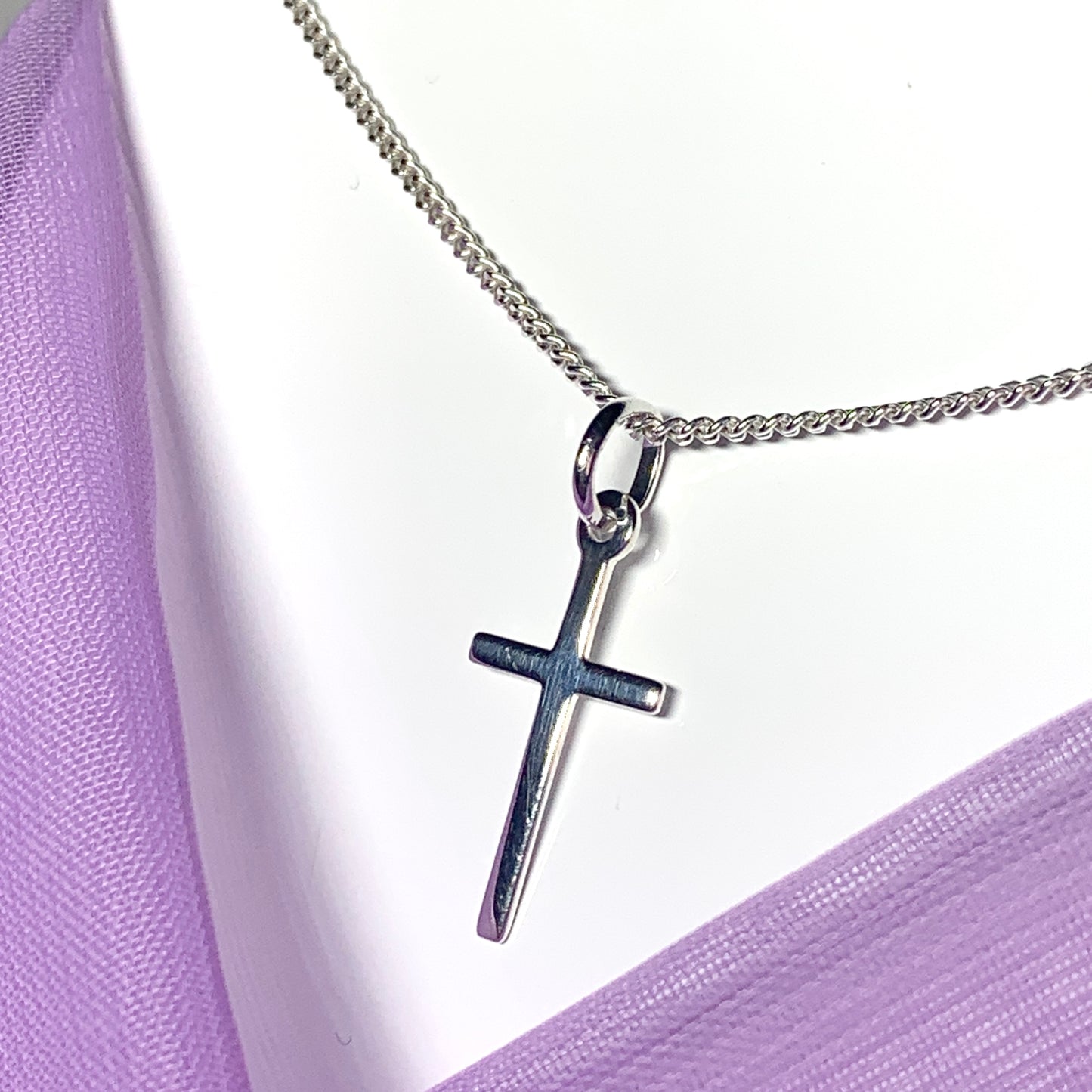 Small cross solid plain polished sterling silver including chain