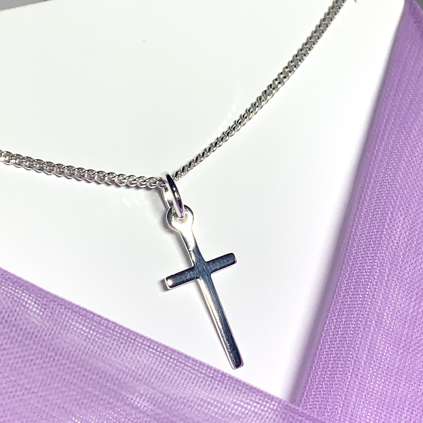 Small cross solid plain polished sterling silver including chain