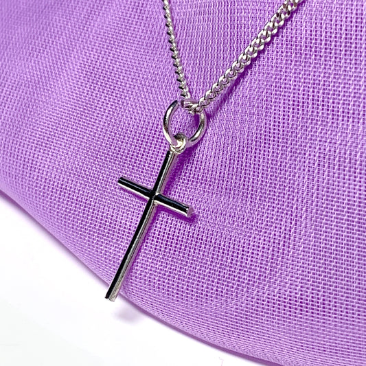 Small solid diamond cut reversible cross patterned sterling silver and chain