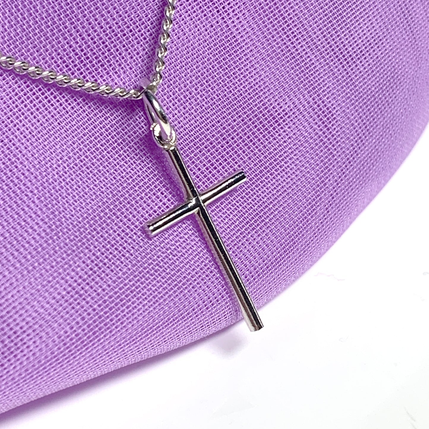 Small solid diamond cut reversible cross patterned sterling silver and chain