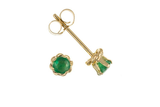 Small emerald round rope edged yellow gold stud earrings