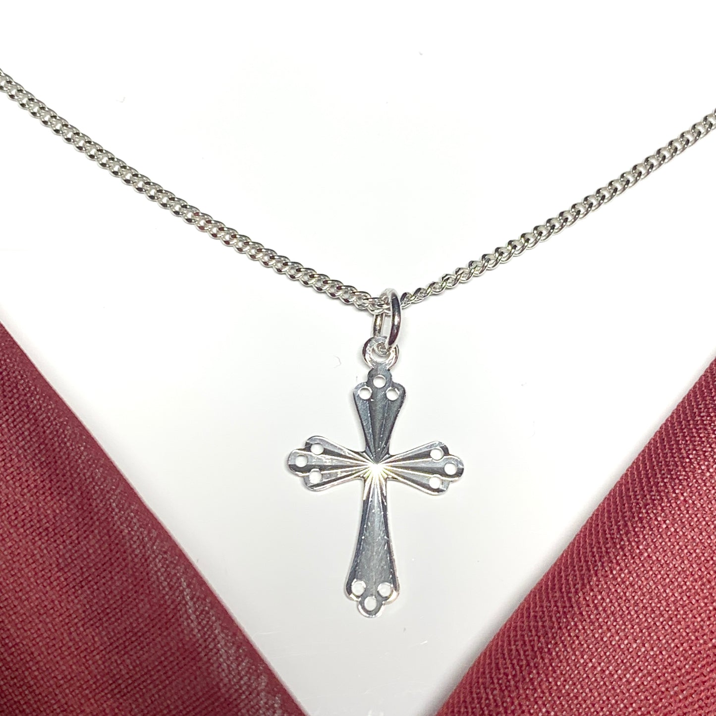 Small solid cross open pierced patterned sterling silver diamond cut with chain