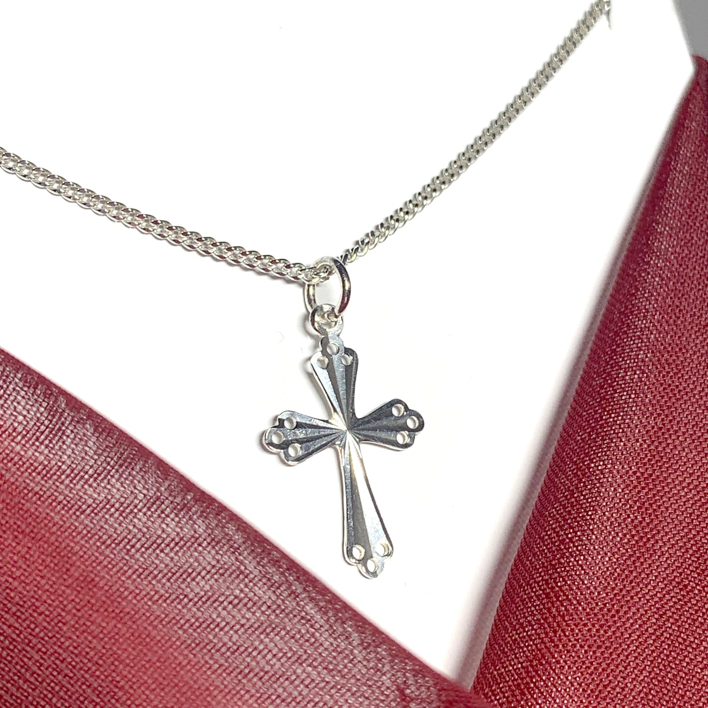 Small solid cross open pierced patterned sterling silver diamond cut with chain