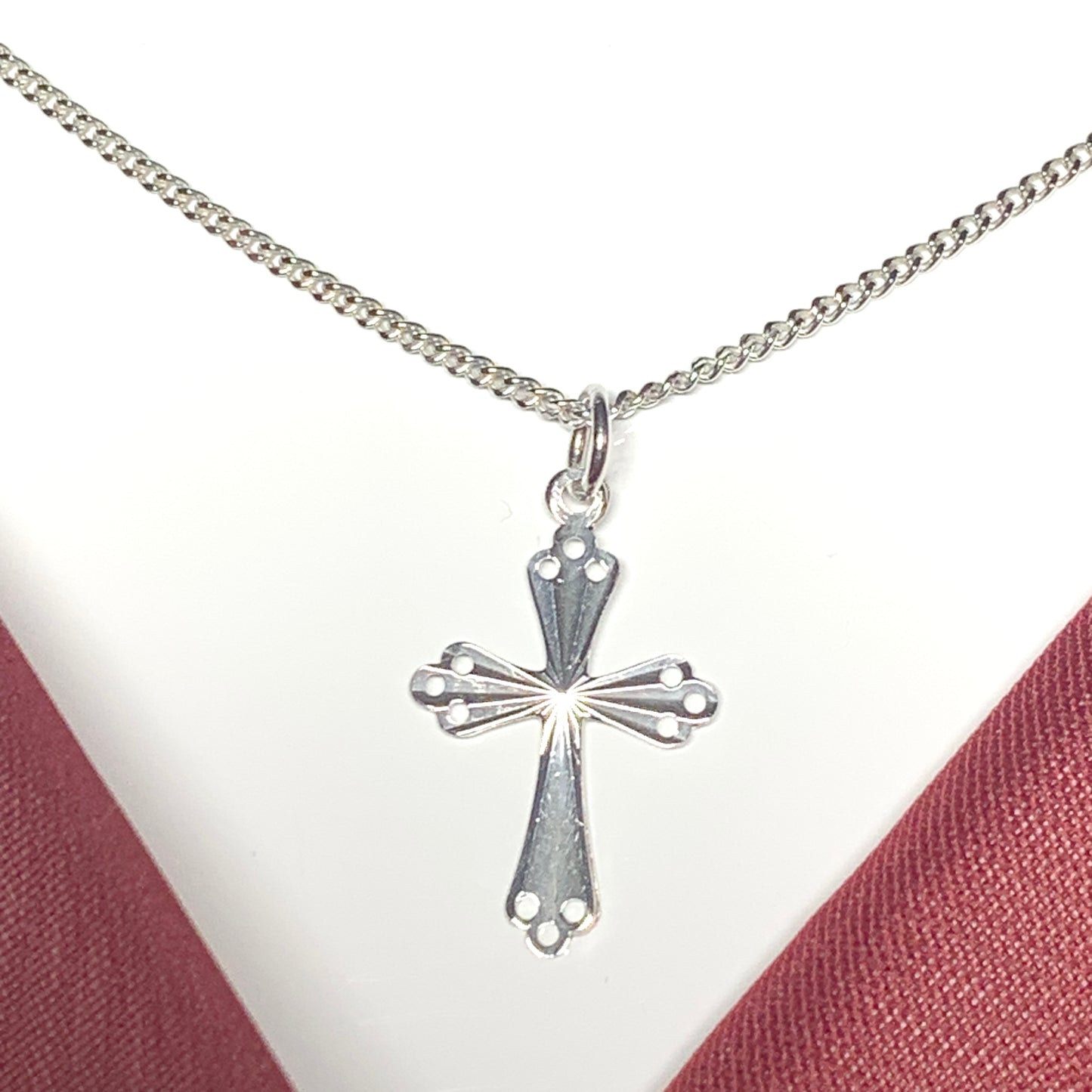 Small solid cross open pierced patterned sterling silver diamond cut with chain