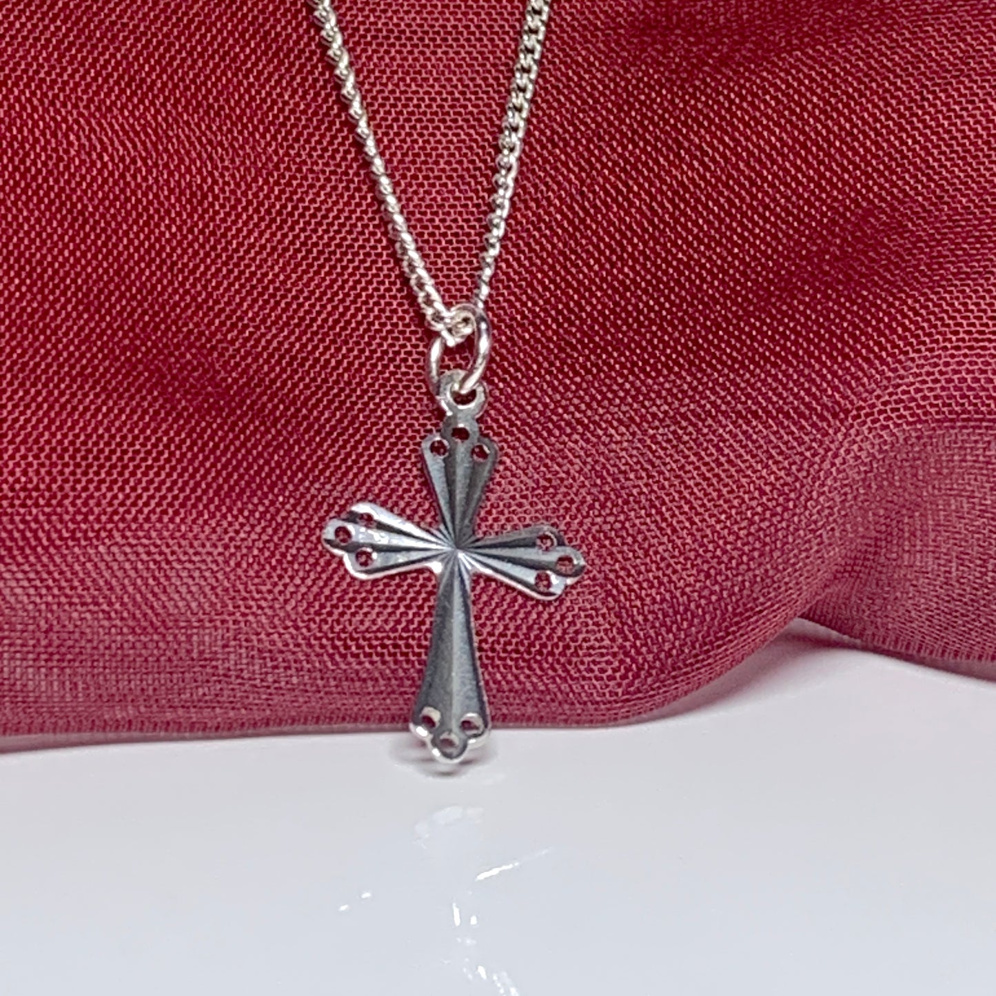 Small solid cross open pierced patterned sterling silver diamond cut with chain