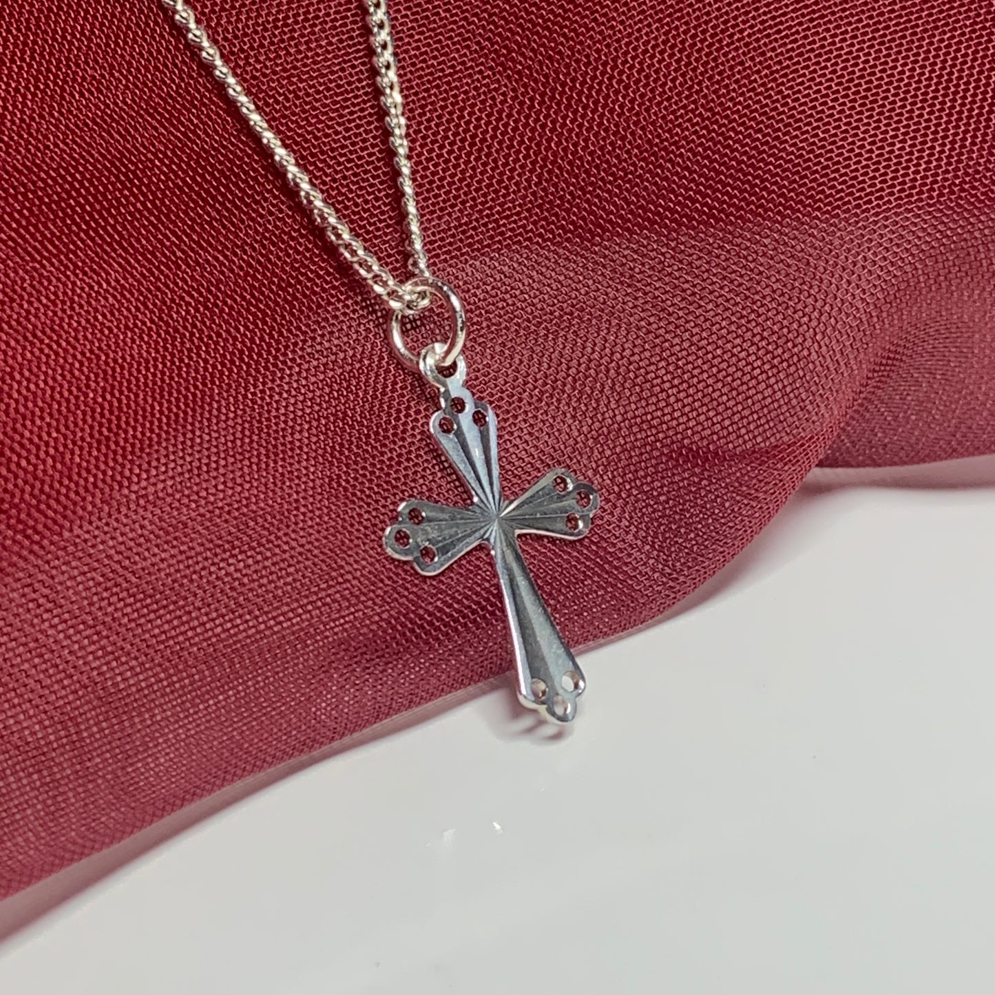 Small solid cross open pierced patterned sterling silver diamond cut with chain