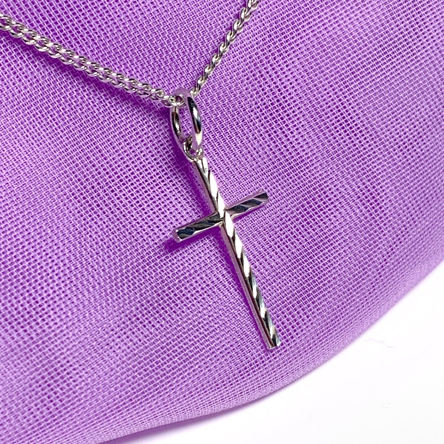 Small solid diamond cut reversible cross patterned sterling silver and chain