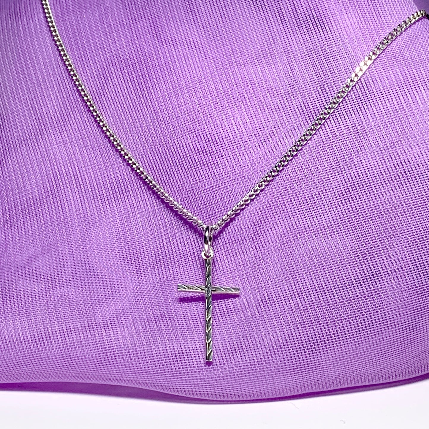 Small solid diamond cut reversible cross patterned sterling silver and chain