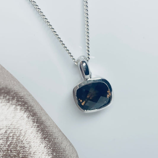 Smoky Quartz Cushion Shaped Sterling Silver Necklace