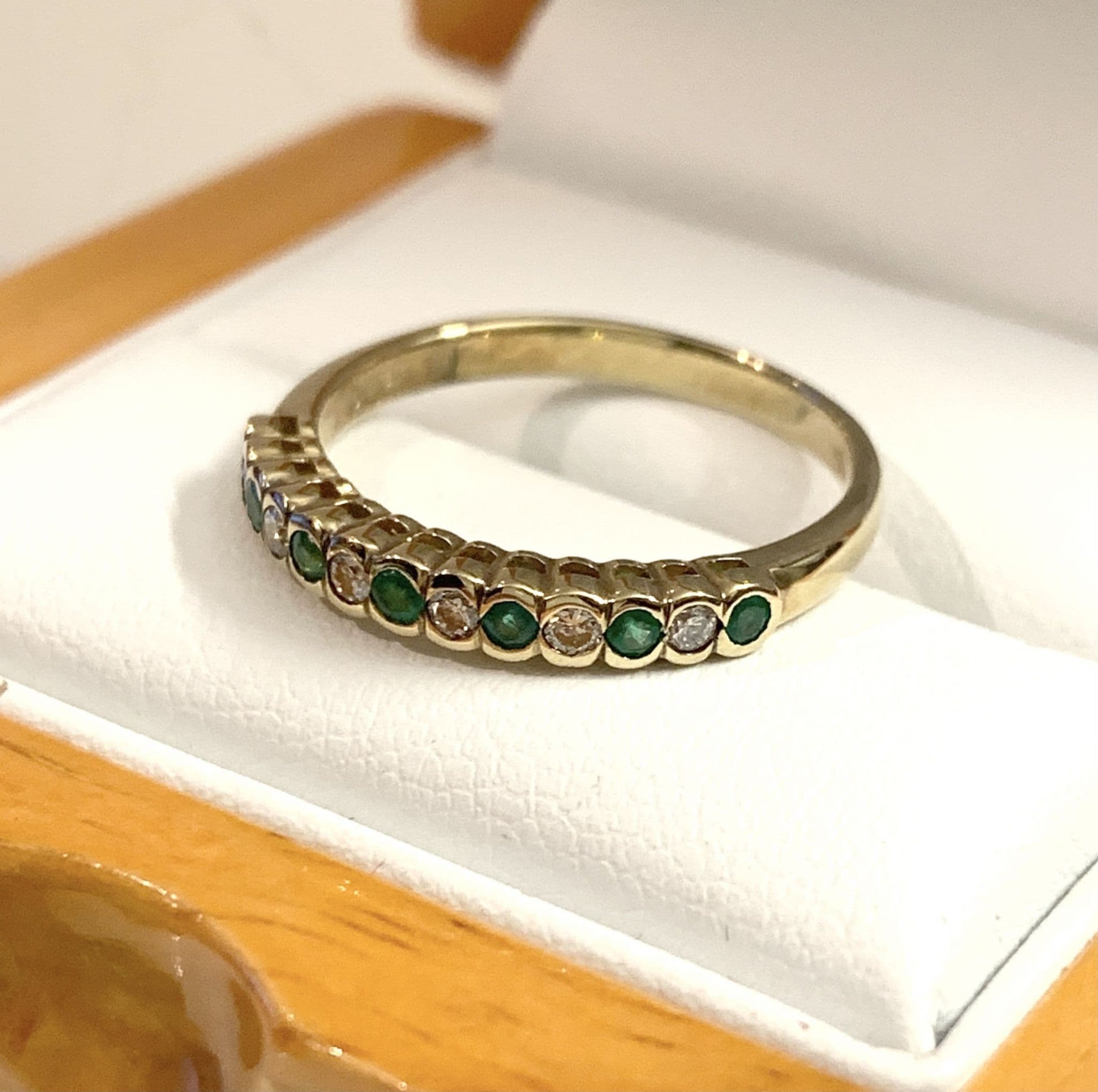 Green Emerald And Diamond Smooth Rubbed Over Eternity Ring