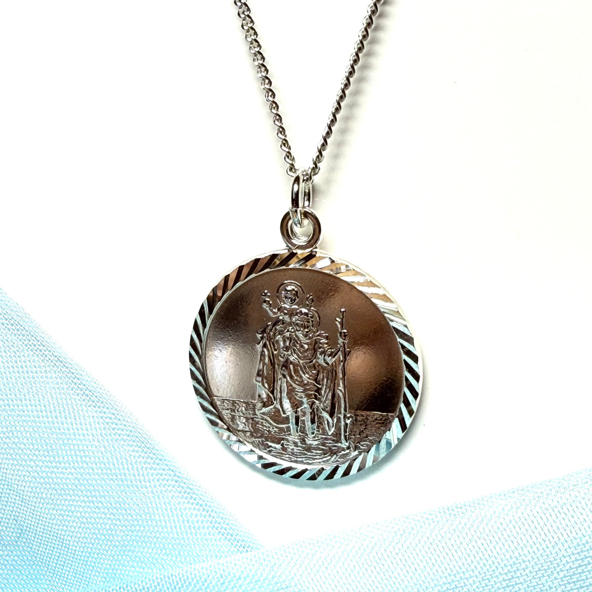 Patterned Edge Round Sterling Silver St. Christopher
