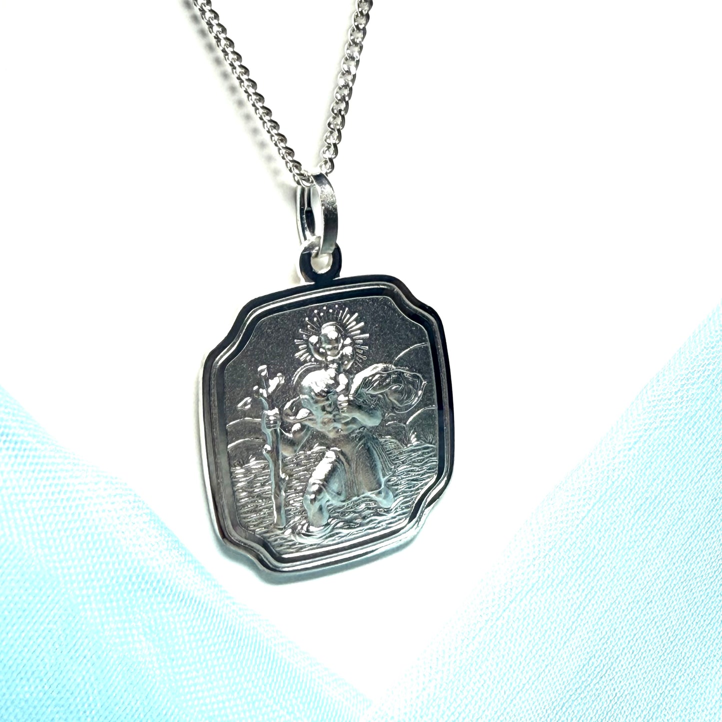 Solid Silver Cushion Shaped St. Christopher Curved Corners