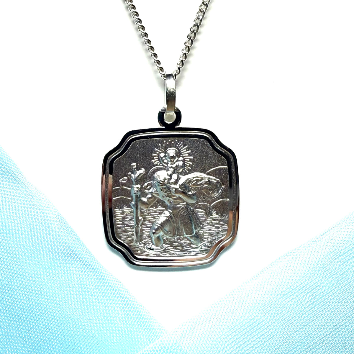 Solid Silver Cushion Shaped St. Christopher Curved Corners